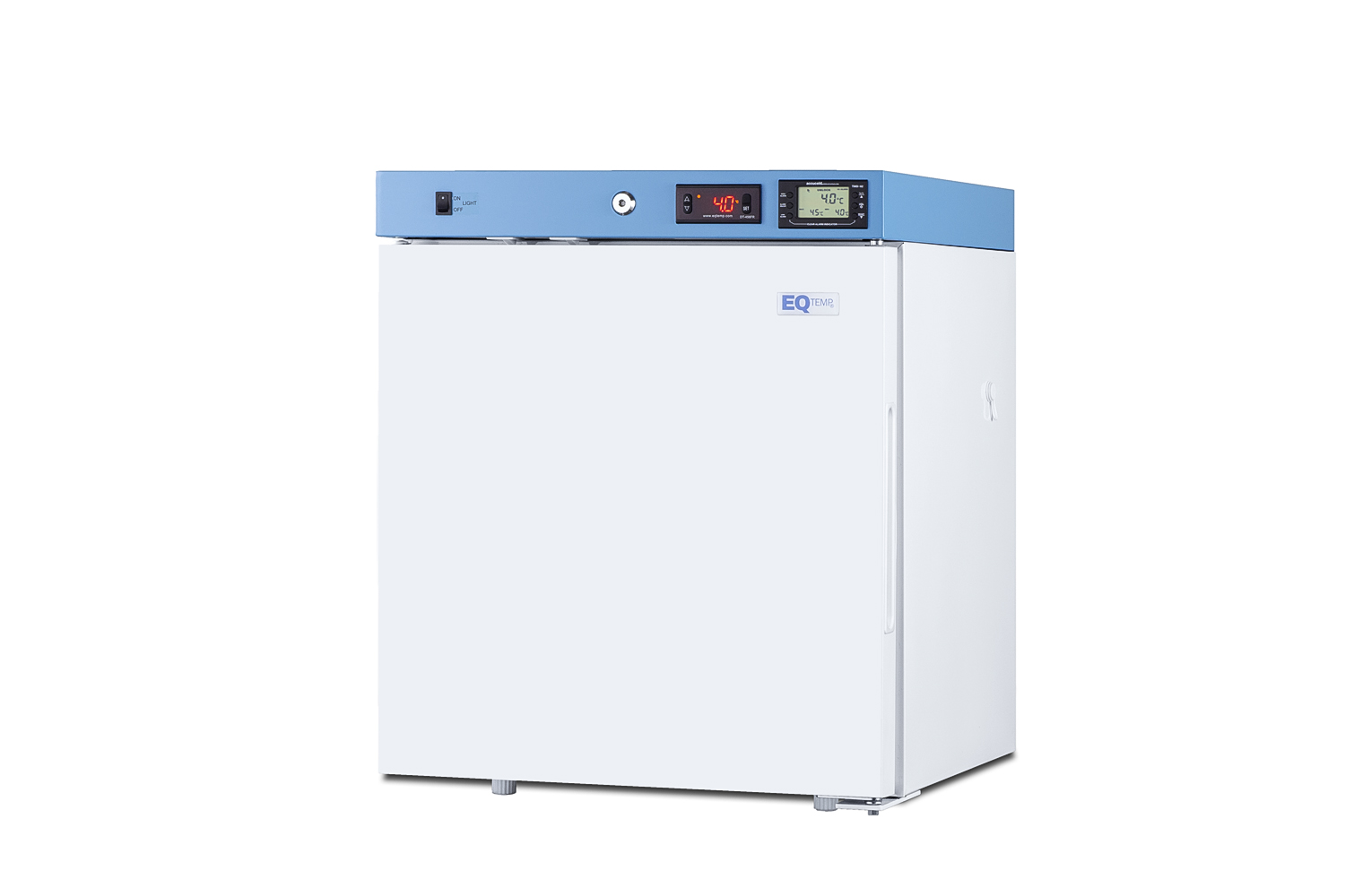 Compact healthcare all-refrigerator certified to NSF/ANSI 456 with self-closing solid door, front lock, digital controls, and NIST-calibrated temperature readout